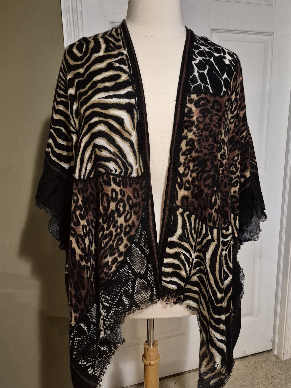 Kohl's Patchwork Animal-Print Open Poncho in Brown, Black & Cream